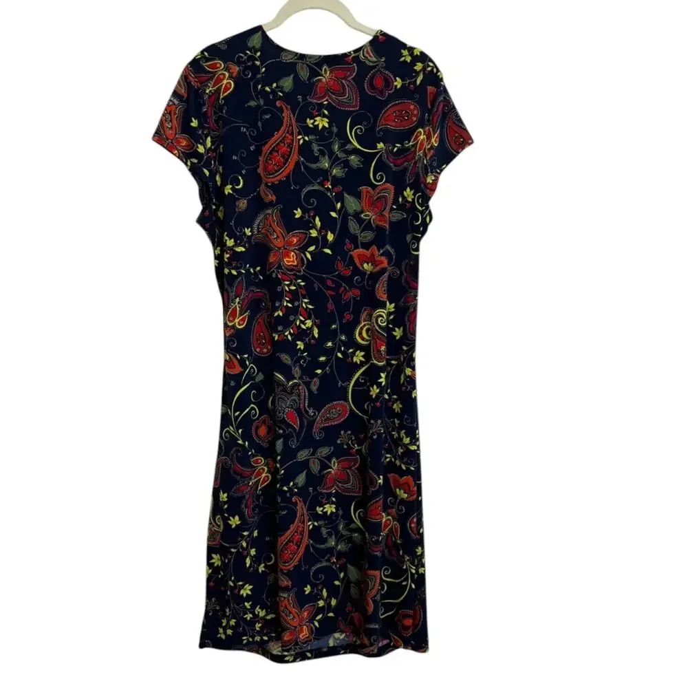Jones New York Signature Faux Wrap Dress XL Navy Paisley Short Sleeve